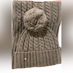 Kate Spade New York Heather Gray Cable Knit Pom Beanie Muffler set, acrylic